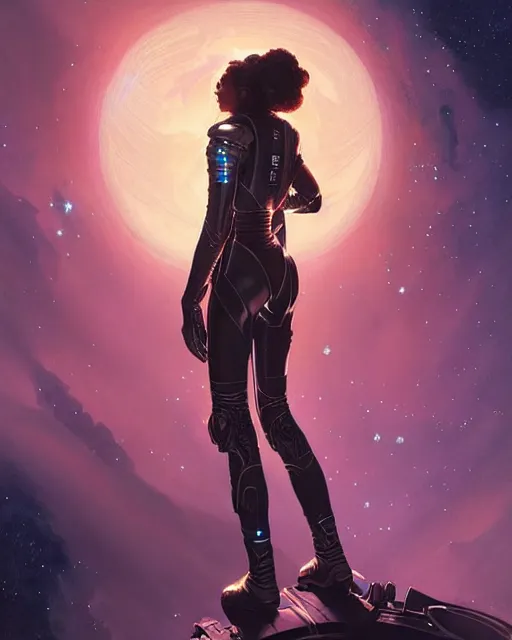 Image similar to zendaya has a fearful look in a space suit floating through the darkness of space, deep focus, D&D, fantasy, intricate, elegant, highly detailed, digital painting, artstation, concept art, matte, sharp focus, illustration, hearthstone, art by Artgerm and Greg Rutkowski and Alphonse Mucha