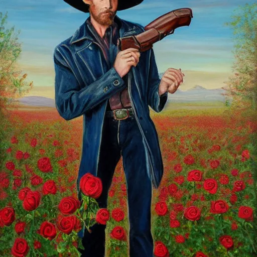 Prompt: a painting of a tall man with blue eyes that is wearing a cowboy hat and a leather vest. He is holding a revolver in his left hand and a rose is in his right hand. He is standing in a field of roses.