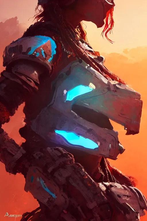 Image similar to combination suit armor aloy horizon forbidden west horizon zero dawn radiating a glowing aura global illumination ray tracing hdr fanart arstation by ian pesty and alena aenami artworks in 4 k tribal robot ninja mask helmet backpack