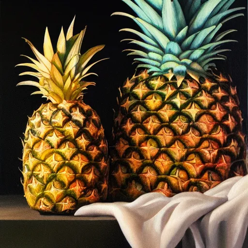 Image similar to A beautiful still life oil painting of a pineapple lying on a silk cloth, fog, volumetric lighting, summer, hyperrealistic, hyperdetailed.