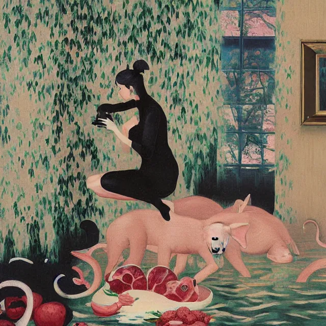 Image similar to emo catgirl artist in her flooded lounge room, painting of flood waters inside an artist's loungeroom, a river flooding indoors, pomegranates, pigs, ikebana, zen, water, octopus, river, rapids, waterfall, black swans, canoe, berries, acrylic on canvas, surrealist, by magritte and monet