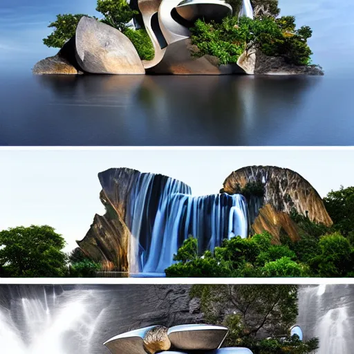 Image similar to a futuristic modern house, on a floating rock island, alien planet covered in water, multiple waterfalls, multiple moons glowing, stars, frank gehry