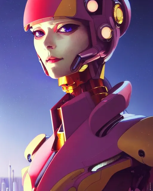 Image similar to beautiful delicate imaginative streamlined mecha neon genesis evangelion elegant futuristic close up portrait of a pilot female sitting with elegant deadly looks, armor with gold linings by ruan jia, tom bagshaw, alphonse mucha, futuristic buildings in the background, epic sky, vray render, artstation, deviantart, pinterest, 5 0 0 px models