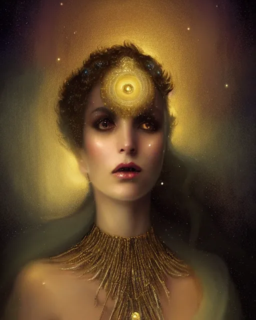 Image similar to Nocturne, glowing, stars, a portrait of a beautiful female shadow djinn creature with long fur collar, highly detailed, mysterious, ethereal, dressed in velvet and gold jewelry, haute couture, illustration, dramatic lighting, soft details, painting, by Edmund Blair Leighton, Brom, Charlie Bowater, trending on artstation, faces by Tom Bagshaw, otto schmidt