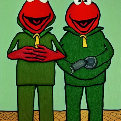 Image similar to kermit and elmo in the style of american gothic by grant wood