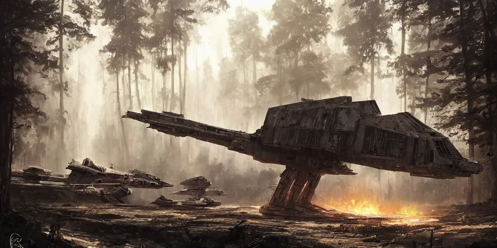 Image similar to a painting of a cinematic keyframe of star wars a destroyed at - at in a forest, heavy atmosphere, fire and smoke by greg rutkowski, rule of thirds, golden ratio, ambient lighting, wlop, artgerm, artstation, highly detailed masterpiece, dark fantasy art, high detail, trending on artstation