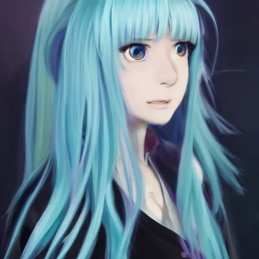 Image similar to profile shot of rimuru tempest, sky blue, straight hair, long bangs, amber eyes, wearing a black jacket!! with white stripes, high collar, highly detailed, unreal engine 5, digital painting, cinematic, wlop | artgerm, pixiv, yoshitaka amano, greg rutkowski, ilya kuvshinov, andy warhol