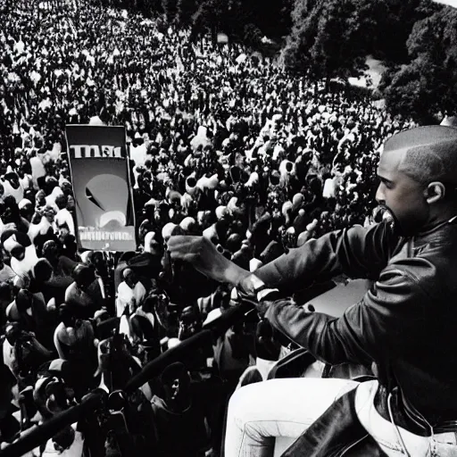 Image similar to vintage photograph of Kanye West speaking at the Million Man March, Sigma 40mm, portrait, black and white