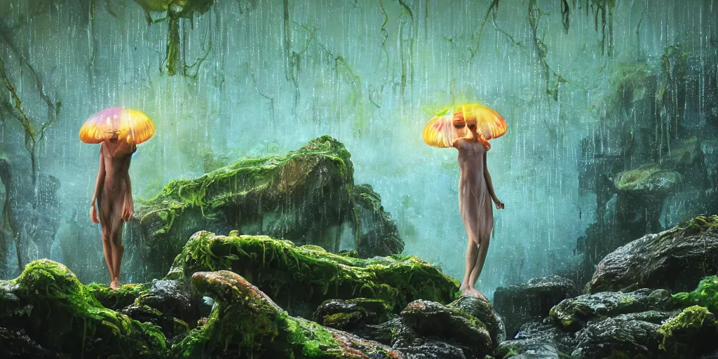 Image similar to Photorealistic picture of a levitating floating glossy wet fungus angel with arms outstretched, made from colorful wet fungus tendrils. a gentle rising mist, an epic rocky landscape. occult photorealism, UHD, amazing depth, glowing, golden ratio, 3D octane cycle unreal engine 5, volumetric lighting, cinematic lighting, cgstation artstation concept art