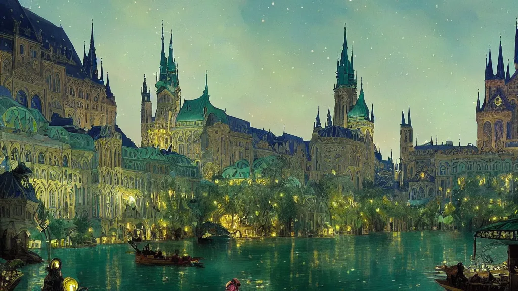 Image similar to a beautiful painting of a view from the river of an arabian prague palace made of green, polished semiprecious malachite marble and jade at night with a sky full of stars, intricate, elegant, highly detailed, digital painting, artstation, concept art, by krenz cushart and artem demura and alphonse mucha