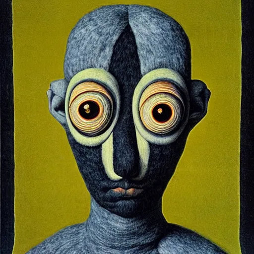 Image similar to portrait photo of a wool sock with giant eyes, face made from unfulfilled dreams, extremely high details, realistic, by MC Escher and Rene Margitte and Giuseppe Arcimboldo