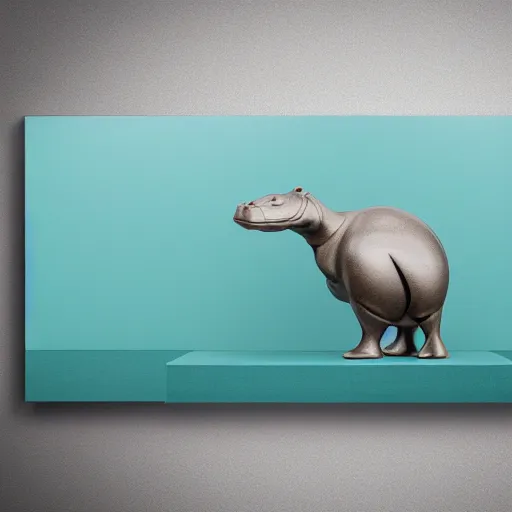 Image similar to a smooth glossy museum - quality hippopotamus made of polished wood and teal blue ceramic, hd photograph, matte gray background