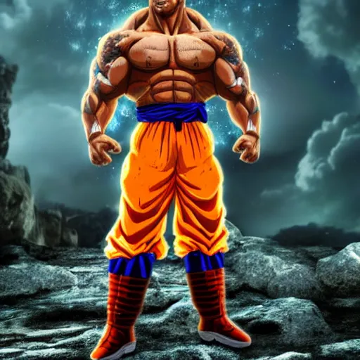 Image similar to full shot of Dwayne Johnson as a warrior style goku super saiyan at moonlight, snowing, lightning bolt, high detail, unreal engine 4k volumetric light, fog,