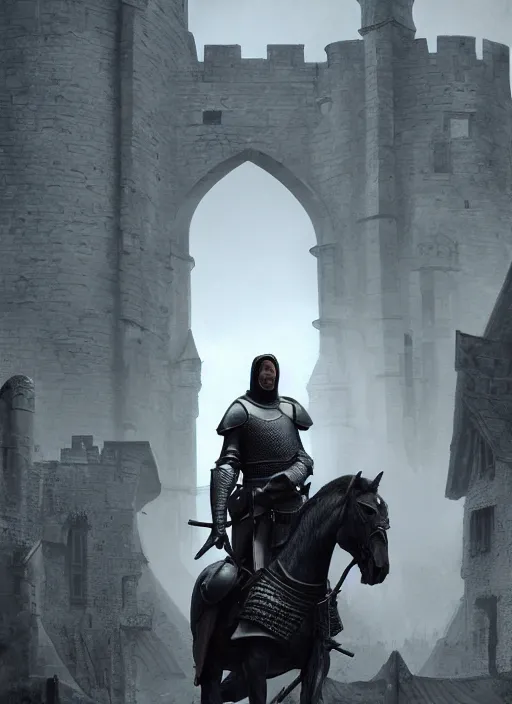 Prompt: knight on his horse standing in front of a huge medieval castle gate, brutalist architecture, dramatic lighting, cinematic, establishing shot, extremly high detail, foto realistic, cinematic lighting, post processed, concept art, artstation, matte painting, style by eddie mendoza, raphael lacoste, alex ross