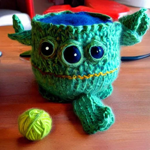 Image similar to a bowl of soup that looks like a monster, knitted out of wool