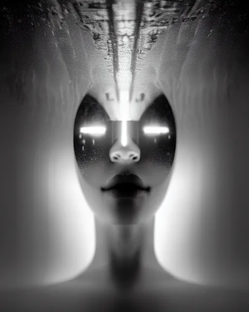 Image similar to black and white high quality photo of a beautiful female AI vegetal-cyborg looking into a sci-fi mirror, volumetric lighting, liminal space, brutalism, foggy, dreamy, hyperdetailed, bokeh, photorealistic, cinematic, masterpiece, Metropolis, elegant, dark, by Man Ray in the style of Horst P. Horst, octane render, 8K,