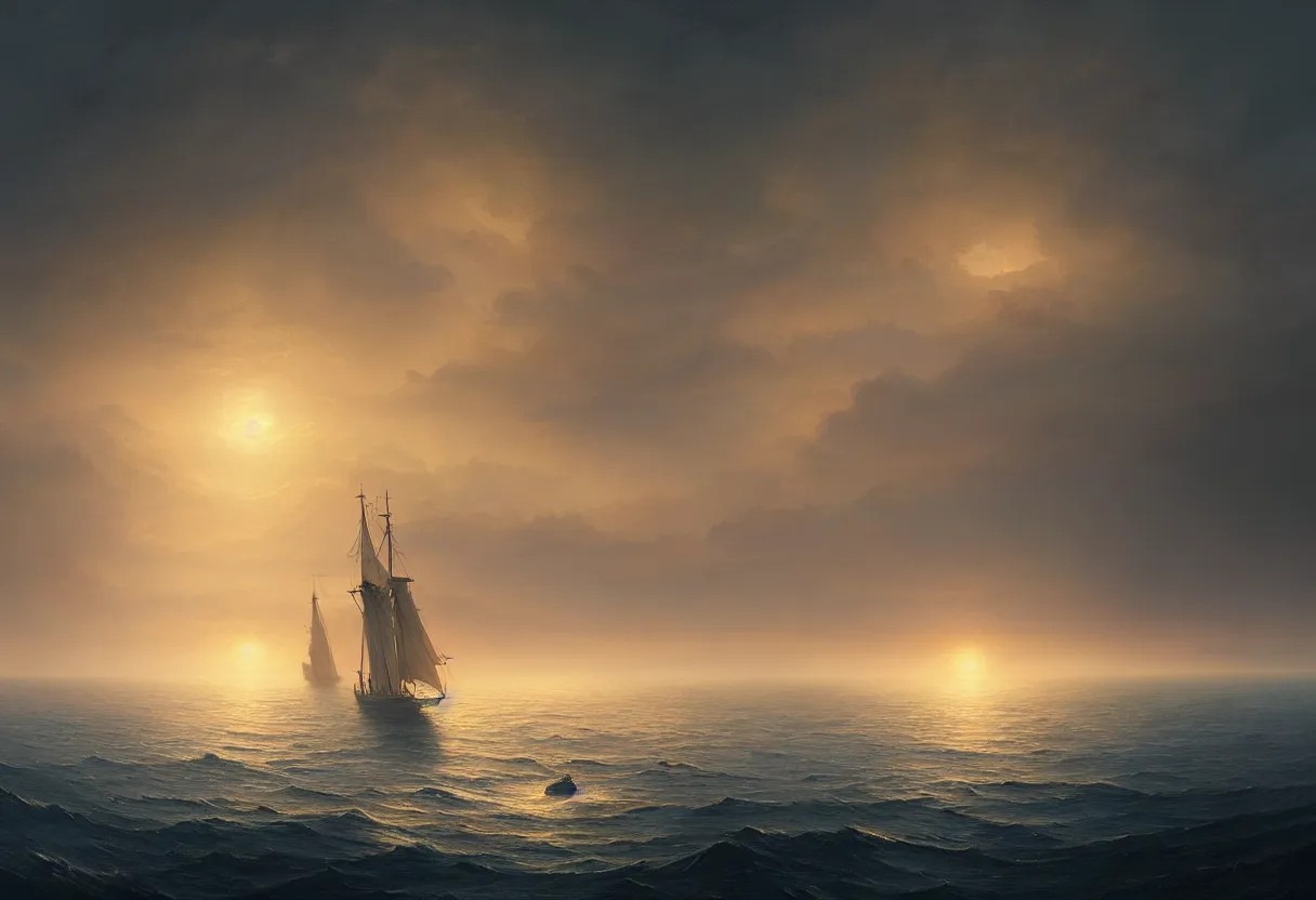 Image similar to strange sea surface of autumn planet at sunset, sailing ship on horizon, ultra high definition, ultra detailed, symmetry, fog, matte painting, by greg rutkowski and ross tran and wlop