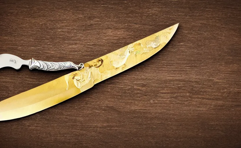 Image similar to shiny golden knife laying on a wooden table, complex, high detail