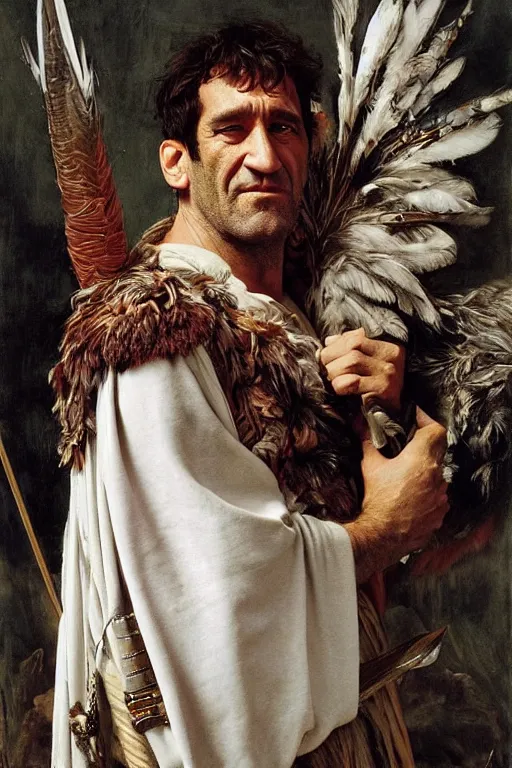 Image similar to clive owen as a barbarian king of feathers, god of the wild, silk dress by edgar maxence and caravaggio and michael whelan and delacroix