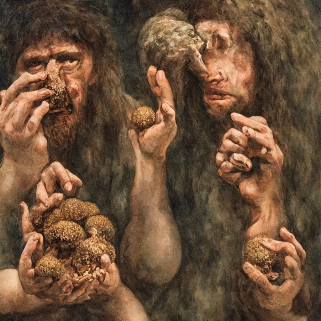 Image similar to a neanderthal holding a mushroom on one hand, looking very confused, questioning reality