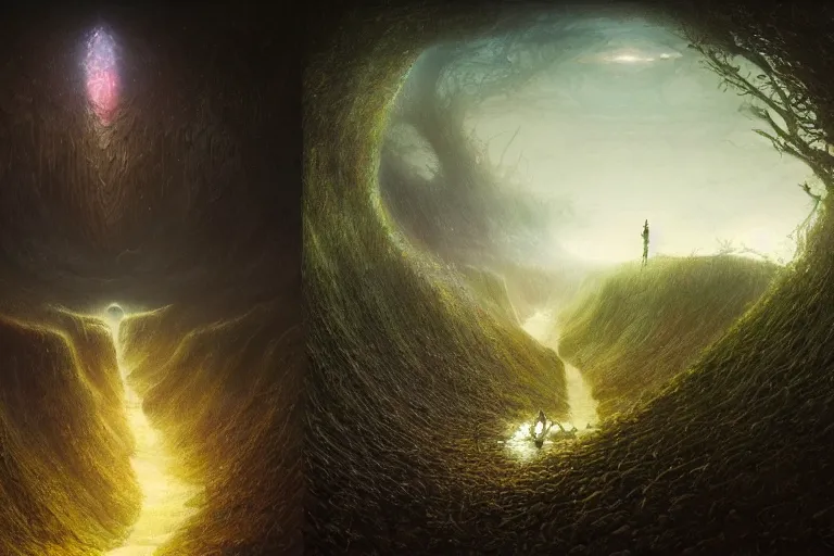 Prompt: amazing concept painting, by Jessica Rossier and HR giger and Beksinski, prophecy, hallucination, garden of eden, lush fruit orchard stream and rock garden