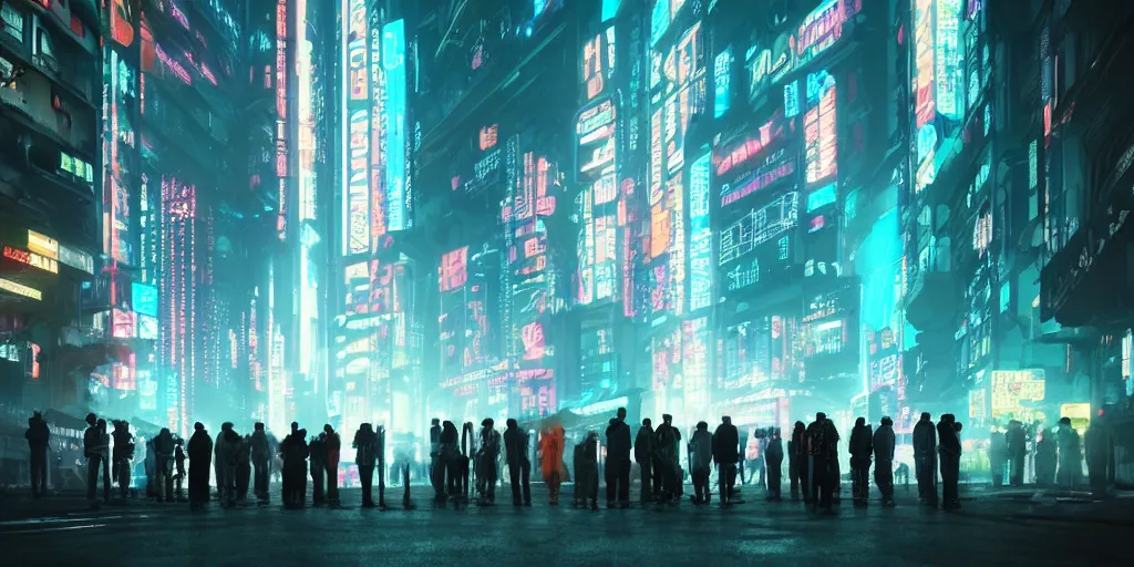 Image similar to a group of people standing outside of a building, cyberpunk art by liam wong, cgsociety, retrofuturism, glowing neon, neon, matte painting