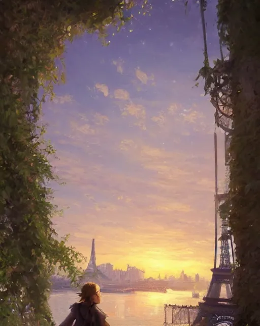 Image similar to over the shoulder landscape painting of violet evergarden, behind are distant lights from paris, eiffel tower, next to the reflecting ocean, nighttime, by vladimir volegov and Philipp A. Urlich and Pengzhen Zhang and Andreas Rocha, fantasy, intricate, elegant, highly detailed, digital painting, artstation, blender, unreal engine 5, octane render, smooth, sharp focus, illustration