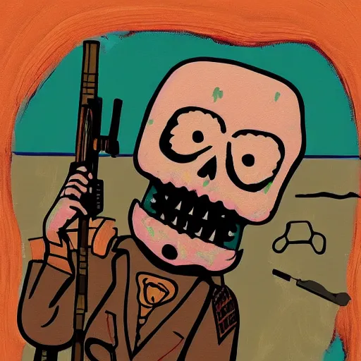 Prompt: very detailed and perfectly readable fine and soft relevant out of lines soft edges painting, manny calavera sitting with a rifle, in a cabin, on a lake, sunrise, grim fandango style,