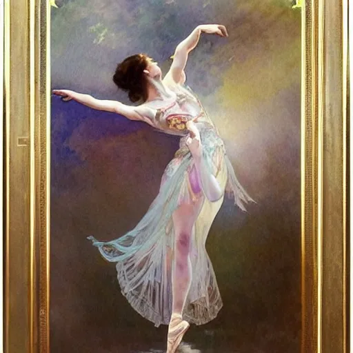 Image similar to a beautifull intricate watercolour painting of a dancing ballerina, reflexions, verry high details by william turner art, greg rutkowski and alphonse mucha, trending on artstation, very very detailed, masterpiece, muted colors