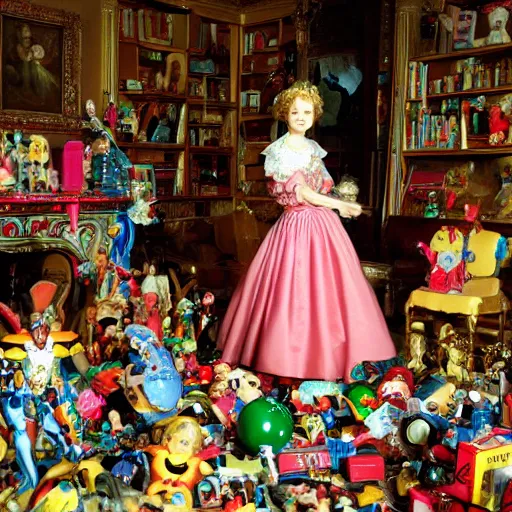 Prompt: young lady in baroque dresses, standing in the middle of the room full of toys. Keith Giffen