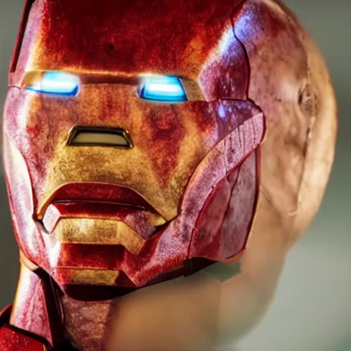 Prompt: ironman body with a cooked ham as his head, movie still, 8 k