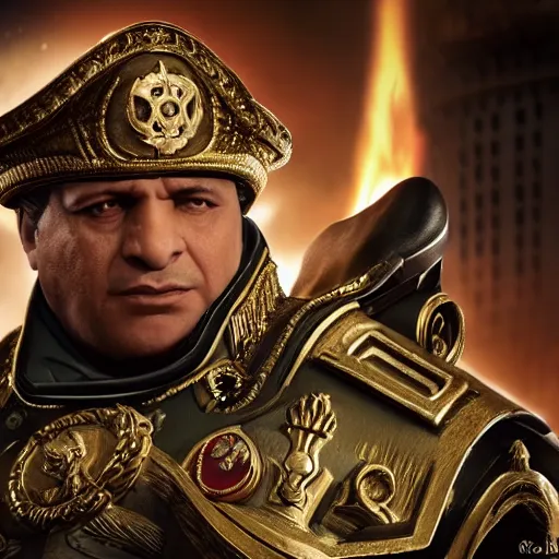 Image similar to muammar kadhafi as emperor napoleon in gears of war, splash art, movie still, detailed face, cinematic lighting, dramatic, octane render, long lens, shallow depth of field, bokeh, anamorphic lens flare, 8 k, hyper detailed, 3 5 mm film grain