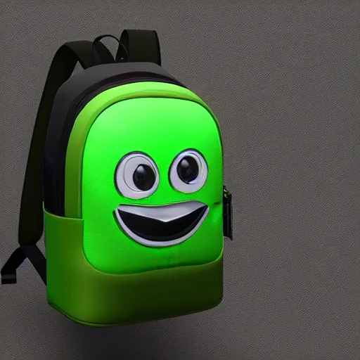 Prompt: A hyperrealistic green backpack with a face smiling, studio lighting, photoshoot, 8k, trending on artstation