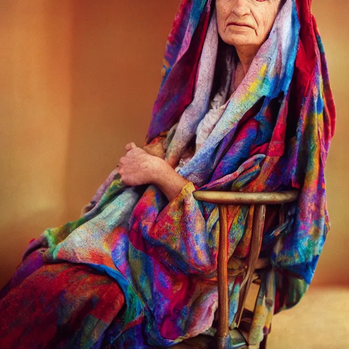 Prompt: closeup portrait of a woman with a cloak made of rainbows, sitting in a chair in an abandoned house, by Annie Leibovitz and Steve McCurry, natural light, detailed face, CANON Eos C300, ƒ1.8, 35mm, 8K, medium-format print