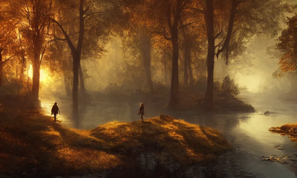 Image similar to Highly detailed 4K fantasy matte painting of an adventurer walking along the river bank in a forest during the golden hour in autumn, volumetric sun rays and dust, water reflection, in the style of Andreas Rocha and Greg Rutkowski