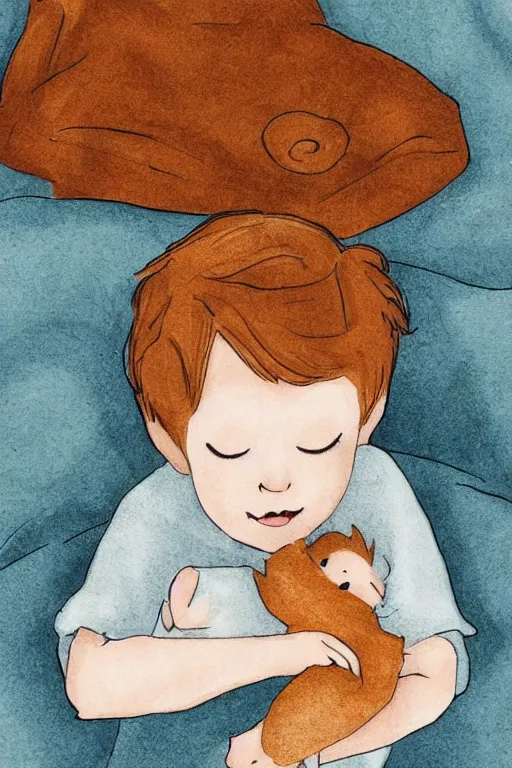 Image similar to a little boy with ginger hair curled up asleep in a cozy room. clean elegant simple illustration, beautiful detailed face.