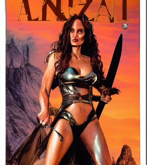 Image similar to 1 9 8 0 s fantasy novel book cover, amazonian angelina jolie in extremely tight bikini armor wielding a cartoonishly large sword, exaggerated body features, dark and smoky background, low quality print