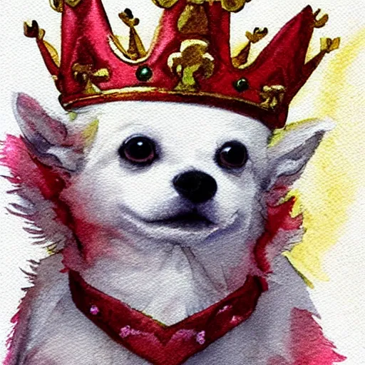 Image similar to fluffy white chihuahua king wearing a red and gold crown cinematic composition, watercolor, cute