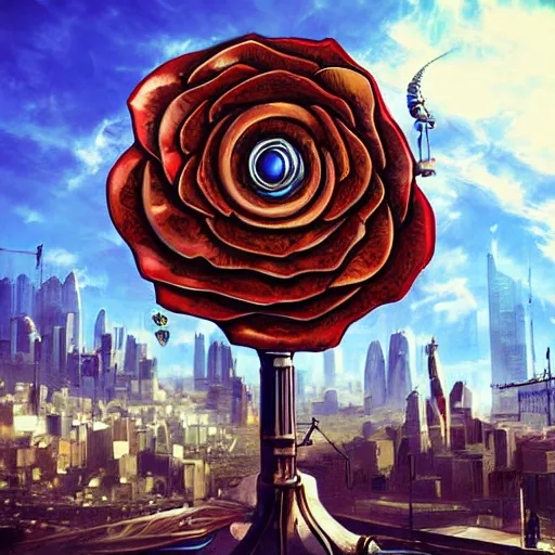 Prompt: giant mechanical rose, city, steampunk, fantasy art, sky in the background, detailed, behrens style