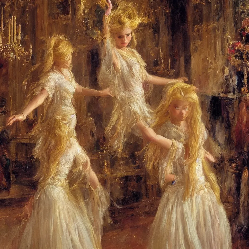 Image similar to a young girl with blond hair danced in the splendid palace, palace dance, dreamy, romantic, night lighting, highly detailed, expressive impressionist style, 8 k