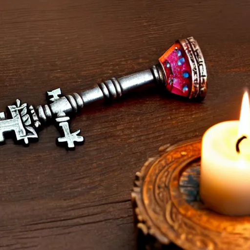 Image similar to a large ornate key with gems and engraved runes, next to a candle on a rough wooden dungeon table, very dark, candlelig, d & d, photo