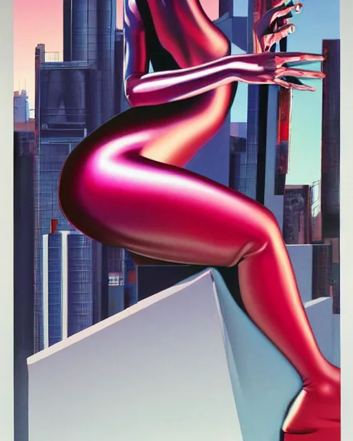 Image similar to a picture of a woman sitting on a ledge, cyberpunk art by allen jones and by james rosenquist and by noriyoshi ohrai, cgsociety, figurative art, airbrush art, made of liquid metal, synthwave