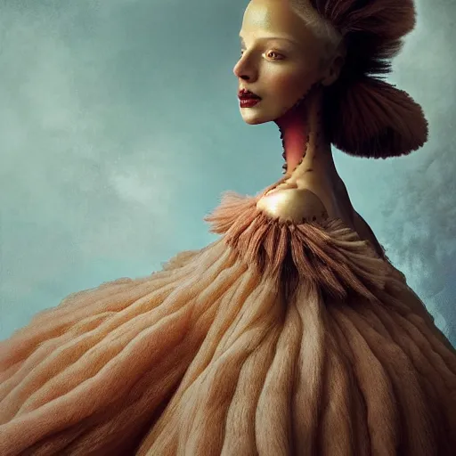 Image similar to brown woman wearing a candyfloss armor. super detailed. layered. textured. award winning. refracted lighting. soft. fragile. by ray caesar. by louise dahl - wolfe. by andrea kowch. surreal photoraphy