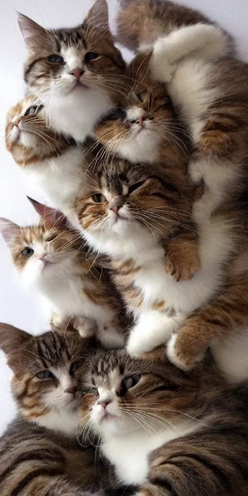 Image similar to a stack of cats curled up atop one another. a furry tower of cuddliness. cat cooperation.