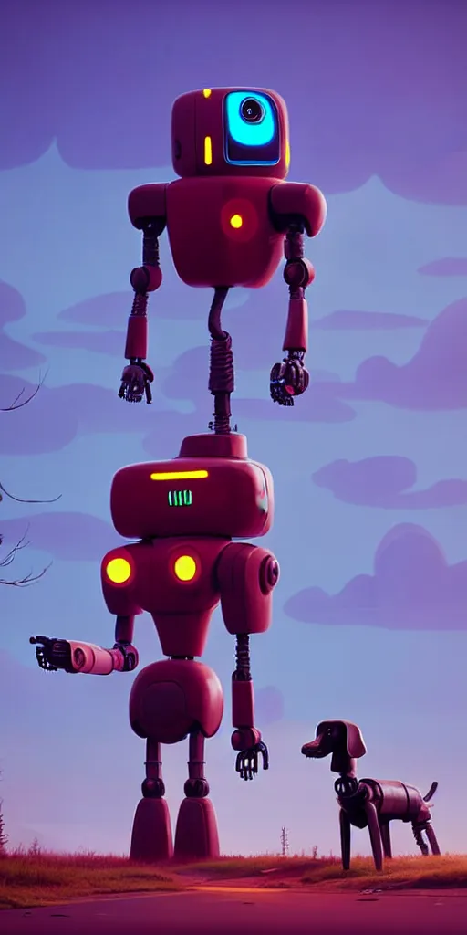 Image similar to tall cute robot with his best dog friend, by Simon Stalenhag, unreal engine, octane render, 8k, rule of thirds