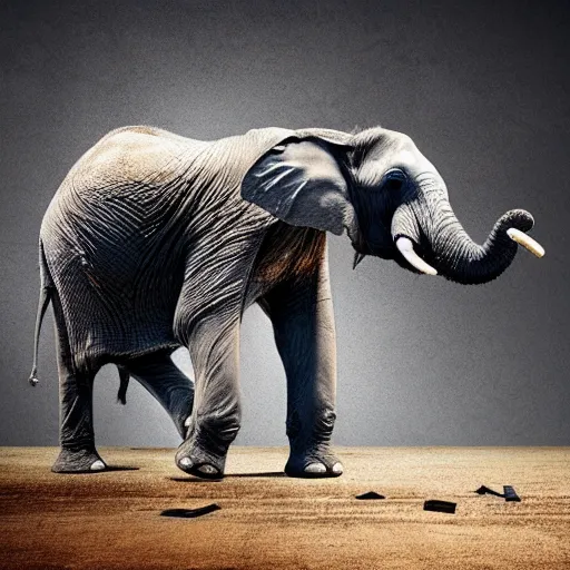 Image similar to an elephant falling apart and crumbling to dust to the air, photorealistic