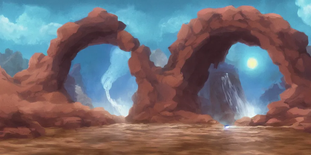 Image similar to a cell - shaded studio ghibli concept art study of an arizona rock arch time portal in a flooded desert on a misty starry night. a waterfall is flowing out of the portal. very dull colors, hd, 4 k, hq