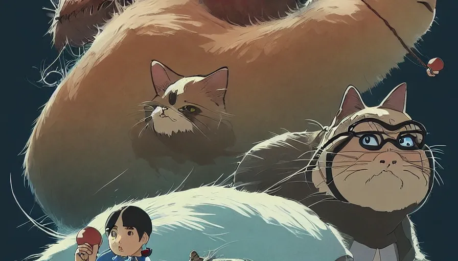 Image similar to the last fat catrider, comedy, graphic art, rgba, 8 k hd resolution, pinterest, dynamic character, 8 k character details, concept art, 8 k ultra realistic, intricate details, ultra detailed, reduce character duplication, in style of hayao miyazaki, by studio ghibli