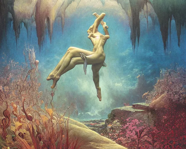 Image similar to falling in to eternity, underwater scene, painted by zdzislaw beksinski and artgerm and greg rutkowski and alphonse mucha and rene laloux