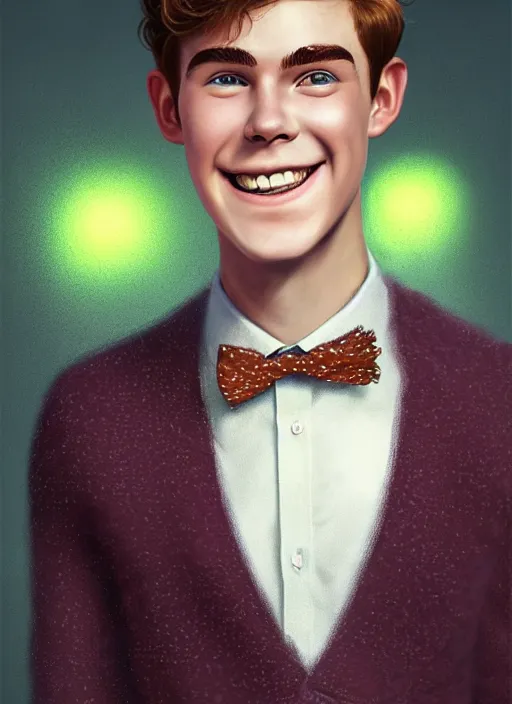 Image similar to portrait of teenage archie andrews, freckles, curly middle part haircut, curly hair, middle part hairstyle, smiling kindly, wearing a bowtie and sweater vest, intricate, elegant, glowing lights, highly detailed, digital painting, artstation, concept art, smooth, sharp focus, illustration, art by wlop, mars ravelo and greg rutkowski